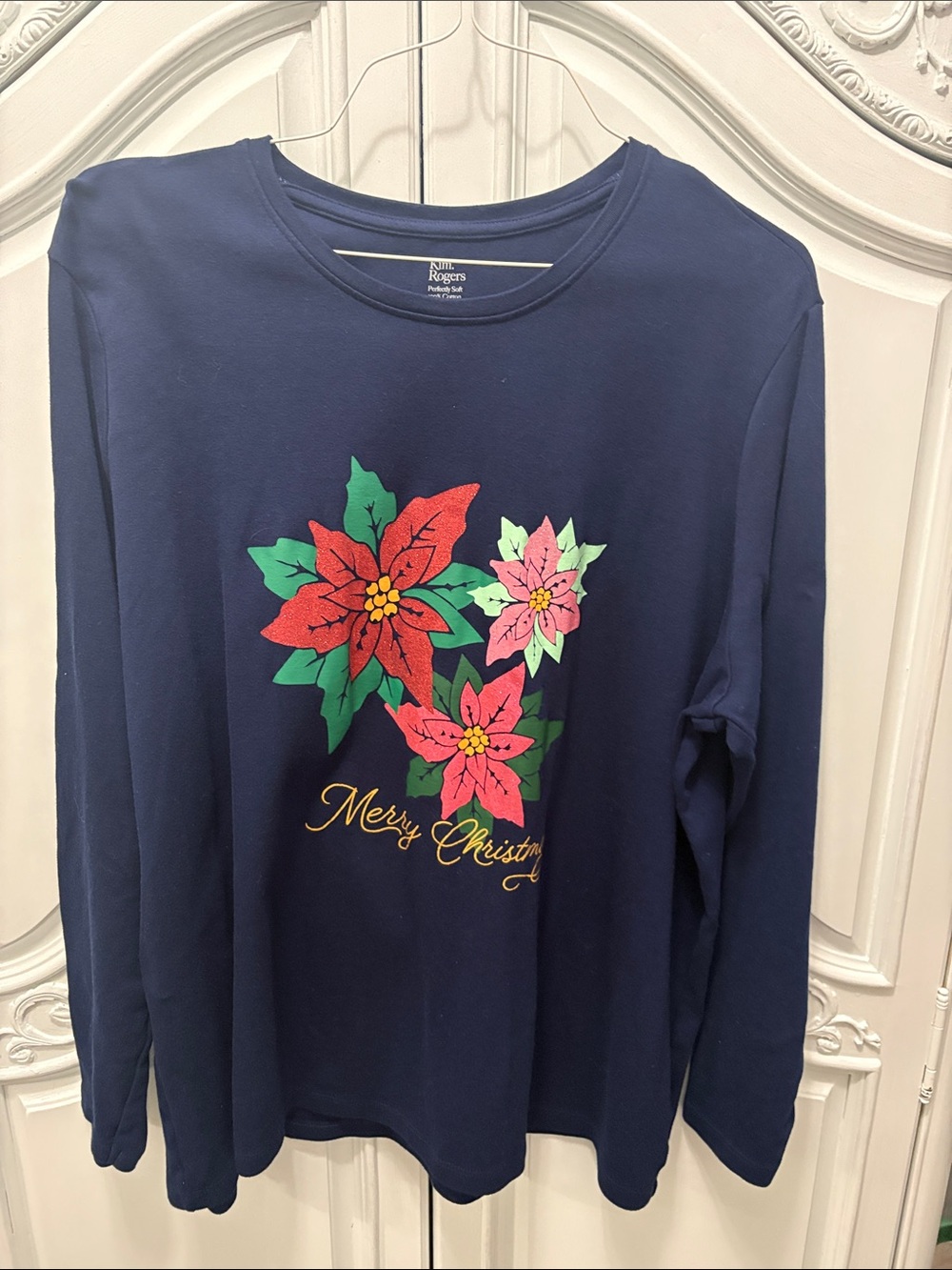 Christmas - Kim Rogers Navy Tee with Poinsettia Merry Christmas - 2X